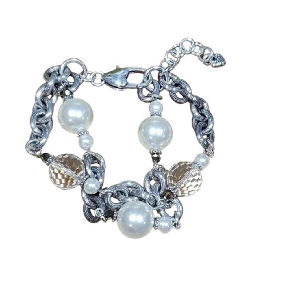 Brighton Faux pearl‎ Crystal Beaded Bauble double strand  Silver bracelet - Picture 2 of 7